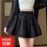 設計感蝴蝶結蓬蓬半身裙女夏季新款顯瘦高腰防a字蛋糕短裙子 黑色(有安全褲) L 【建議110-120斤】