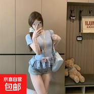 圓領(lǐng)短袖T恤女夏季新款甜美風(fēng)荷葉邊小眾收腰設(shè)計(jì)感別 淺藍(lán)色 S