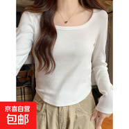 長袖T恤女秋新款韓版不規(guī)則下擺上衣少女修身顯瘦方領(lǐng) 白色 L