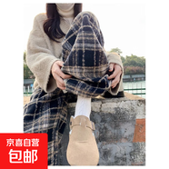 藏青色毛呢格子女裝秋冬加絨高腰大碼垂感闊腿褲新款休閑直筒褲 咖色 M 【建議80-100斤】