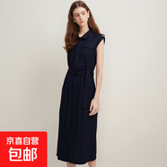氣質(zhì)優(yōu)雅精致翻領(lǐng)收腰亞麻無(wú)袖連衣裙新款時(shí)尚百搭顯瘦長(cháng)裙160019 藏青色 M （100-110斤）