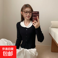粉色娃娃領(lǐng)麻花長(zhǎng)袖針織衫女早秋修身短款軟糯超好看甜美打底上衣 338黑色 均碼