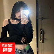 長(cháng)袖T恤女秋新款韓版小眾露肩短款上衣辣妹修身性感露 黑色 M