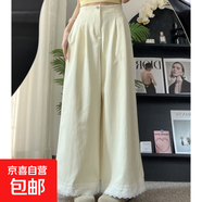 韓版蕾絲拼接休閑褲女夏季新款大碼胖mm高腰顯瘦簡(jiǎn)約通勤垂感長(cháng)褲 杏色 M