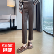 黑色拼接設計感PU皮褲女秋冬季薄絨高腰休閑顯瘦小個子九分哈倫褲 咖啡色 XL