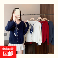 小香風(fēng)V領(lǐng)絲巾系帶針織衫女韓版外穿內搭打底衫女毛衣外套女 MF97 藏青色 XL