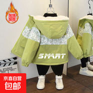 小童女秋冬時(shí)尚撞色外套男童卡通太空月亮狗印花連帽棉服 拼接兔加絨外套草綠色 120