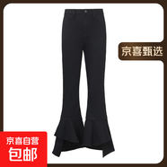 【大牌制造商】春夏新款高腰彈力微喇褲顯瘦開叉黑色微喇褲 黑色 常規(guī) XL