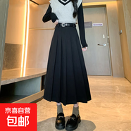 半身裙女2025秋冬新款加厚高腰顯瘦毛呢百褶裙大碼百搭復古中長裙 6982黑色【毛呢百褶裙】贈送腰帶 S (推薦80-95斤)