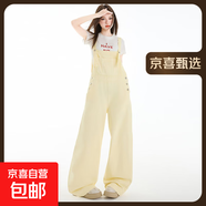 美式街牛仔背帶褲女夏季2025新款寬松復(fù)古腰直筒小個子闊腿褲 奶黃色背帶褲 703 XL