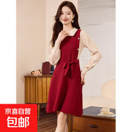 本命年紅色毛衣連衣裙小香風(fēng)撞色娃娃領(lǐng)針織連衣裙顯瘦打底裙 VC 紅色 L