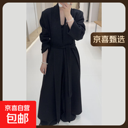 青果領(lǐng)墊肩系帶浴袍款長袖加長款雙面羊毛大衣女優(yōu)雅毛呢外套秋冬 純黑 M