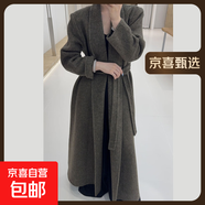 青果領(lǐng)墊肩系帶浴袍款長袖加長款雙面羊毛大衣女優(yōu)雅毛呢外套秋冬 橄欖綠 M