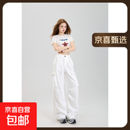 美式水洗棉工裝褲女款春夏季小個(gè)子腰垂感寬松顯瘦直筒闊腿長褲 白色89885 薄款 長褲 2XL