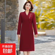 媽媽秋冬裝連衣裙子加絨加厚大碼新款冬天喜婆婆婚宴結(jié)婚禮服冬季 紅色 2452 XL 建議85-100斤