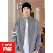 立領(lǐng)拉鏈開衫針織毛衣秋冬潮牌痞帥三條杠百搭純色寬松休閑外套男 灰色 M 80-100斤