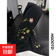 美式復古植物花卉刺繡牛仔褲男秋冬季小眾設計感直筒窄版微喇褲子 黑色 2XL