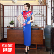 2025新款綢緞旗袍改良長款中國風(fēng)印花修身大碼女裝連衣裙表演服裝 C0209-A紅藍 3XL 建議130-140斤