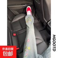 美式復古植物花卉刺繡牛仔褲男秋冬季小眾設計感直筒窄版微喇褲子 藍色 2XL