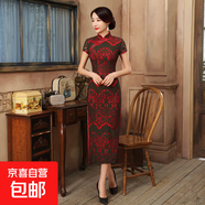 復(fù)古性感紅色蕾絲短袖旗袍長(zhǎng)款新婚新娘結(jié)婚敬酒服旗袍裙新中式服 紅色 S 建議80-90斤