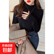 半高領(lǐng)針織蕾絲打底衫女2024新款秋冬上衣花邊小香風(fēng)外套內搭毛衣 黑色 常規 M