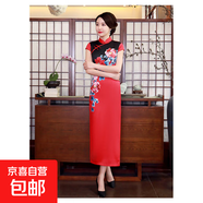 2025新款綢緞旗袍改良長款中國風(fēng)印花修身大碼女裝連衣裙表演服裝 C0209紅黑 2XL 建議120-130斤