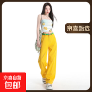 美式復(fù)古高腰直筒牛仔褲女寬松顯瘦休閑百搭長(zhǎng)褲子 樹(shù)葉黃 加長(zhǎng)褲 L
