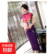 2025新款綢緞旗袍改良長款中國風(fēng)印花修身大碼女裝連衣裙表演服裝 C0208-B玫紅紫 2XL 建議120-130斤