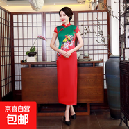2025新款綢緞旗袍改良長款中國風(fēng)印花修身大碼女裝連衣裙表演服裝 C0208 紅綠 2XL 建議120-130斤