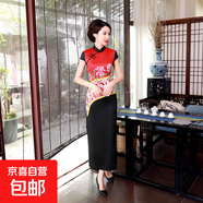 2025新款綢緞旗袍改良長款中國風(fēng)印花修身大碼女裝連衣裙表演服裝 C0210紅色 2XL 建議120-130斤