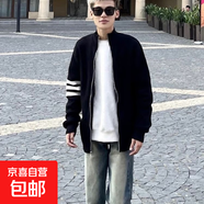 立領(lǐng)拉鏈開衫針織毛衣秋冬潮牌痞帥三條杠百搭純色寬松休閑外套男 黑色 2XL 140-160斤