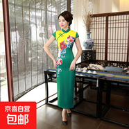 2025新款綢緞旗袍改良長款中國風(fēng)印花修身大碼女裝連衣裙表演服裝 C0209-B王綠 2XL 建議120-130斤
