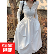 赫本風(fēng)半開(kāi)領(lǐng)拉鏈連衣裙女秋冬立領(lǐng)收腰遮跨顯瘦內搭配大衣大擺裙 白色 L