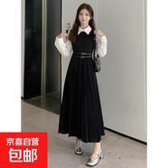學(xué)院風(fēng)假兩件襯衫長(cháng)袖連衣裙早秋季大碼胖mm收腰顯瘦小黑裙百褶裙 黑色 XL 建議120到140斤