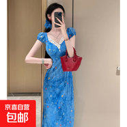 復(fù)古碎花法式連衣裙女2025夏季新款氣質(zhì)優(yōu)雅收腰顯瘦公主裙D1700 藍(lán)色 2XL 【130-145斤】