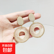 銀針歐美秋冬新款滴油長(zhǎng)方形粗線編織圓形耳環(huán)小眾夸張耳墜耳飾女 銀針-白色