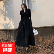 赫本風(fēng)半開(kāi)領(lǐng)拉鏈連衣裙女秋冬立領(lǐng)收腰遮跨顯瘦內搭配大衣大擺裙 黑色 L