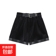 闊腿短褲秋冬韓版高腰顯瘦真皮拼接金絲絨短褲松緊腰個(gè)性顯瘦百搭 黑色 M