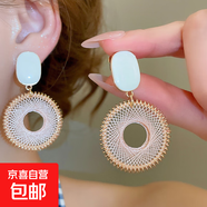 銀針歐美秋冬新款滴油長(zhǎng)方形粗線編織圓形耳環(huán)小眾夸張耳墜耳飾女 銀針-粉色