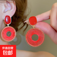 銀針歐美秋冬新款滴油長(zhǎng)方形粗線編織圓形耳環(huán)小眾夸張耳墜耳飾女 銀針-紅色