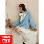 2025韓系蝴蝶結(jié)領(lǐng)系帶針織衫女秋冬寬松甜美百搭毛衣外穿上衣M01 藍(lán)色 S