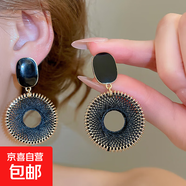 銀針歐美秋冬新款滴油長(zhǎng)方形粗線編織圓形耳環(huán)小眾夸張耳墜耳飾女 銀針-黑色