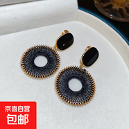 銀針歐美秋冬新款滴油長方形粗線編織圓形耳環(huán)小眾夸張耳墜耳飾女 耳夾-黑色