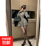 純欲辣妹高領(lǐng)百搭長袖連衣裙女秋冬新款收腰蓬蓬裙顯瘦打底裙短裙 灰色 XL