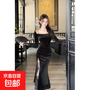 辣妹黑色感絲絨連衣裙女2025秋冬新款法式氣質(zhì)蕾絲開叉裙子 黑色 M