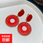 銀針歐美秋冬新款滴油長方形粗線編織圓形耳環(huán)小眾夸張耳墜耳飾女 耳夾--紅色