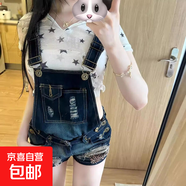 延芮美式辣妹復(fù)古水洗磨破低腰牛仔背帶短褲女新款性感包臀顯瘦短 TH3002--復(fù)古藍(lán) S