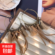 波西米亞木頭復(fù)古繩帶流蘇圓形耳圈女度假風(fēng)耳環(huán)小眾高級感耳飾女 銀針-咖色