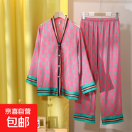 法式高級感睡衣女低胸V領(lǐng)冰絲長(cháng)袖性感純欲風(fēng)春夏秋季家居服套裝 V領(lǐng)玫紅色 3XL