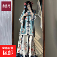 泉州潯埔簪花清漢女服裝格格漢服清朝滿(mǎn)清旗裝黃色印花裙拍照寫(xiě)真 【對襟】藍色 2XL